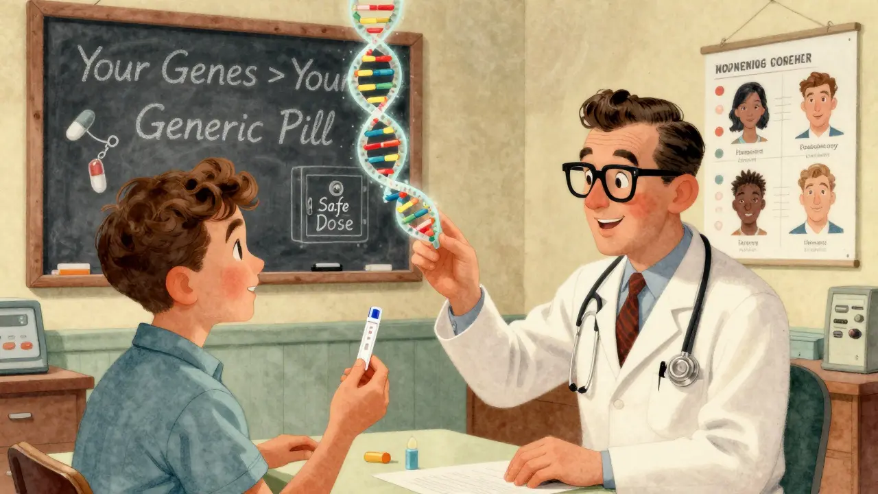 Doctor and patient with animated DNA helix revealing genetic drug response differences.