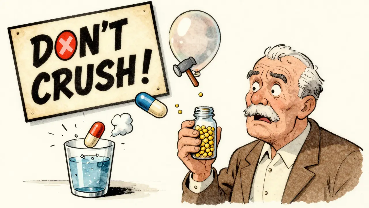 Elderly man panicked as three animated pills leap from a bottle, one smashing, one puffing, one floating slowly with a 'DON'T CRUSH!' warning sign.