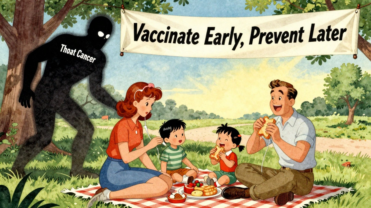 Family vaccinating kids at a park, with contrasting images of cancer vs. health.
