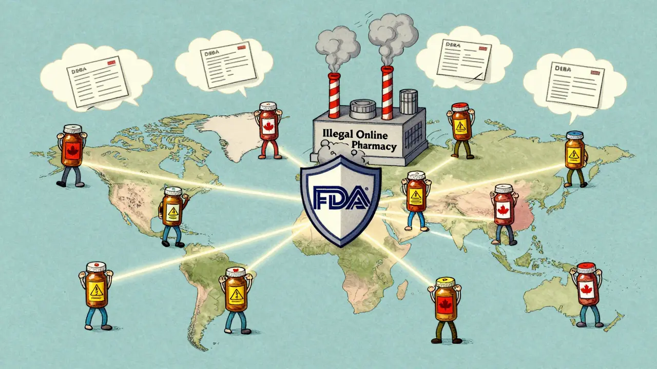 Global figures send warning reports to a central FDA shield crushing a fake drug factory.