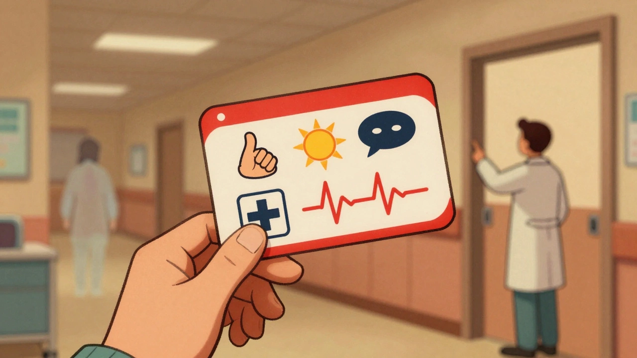 Glowing medical alert card with four key NMS warning symbols floating beside a doctor rushing toward an ICU.