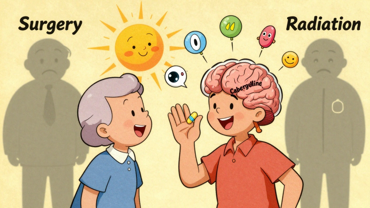 Happy patient taking cabergoline as their pituitary gland waves goodbye, with restored health icons floating around.