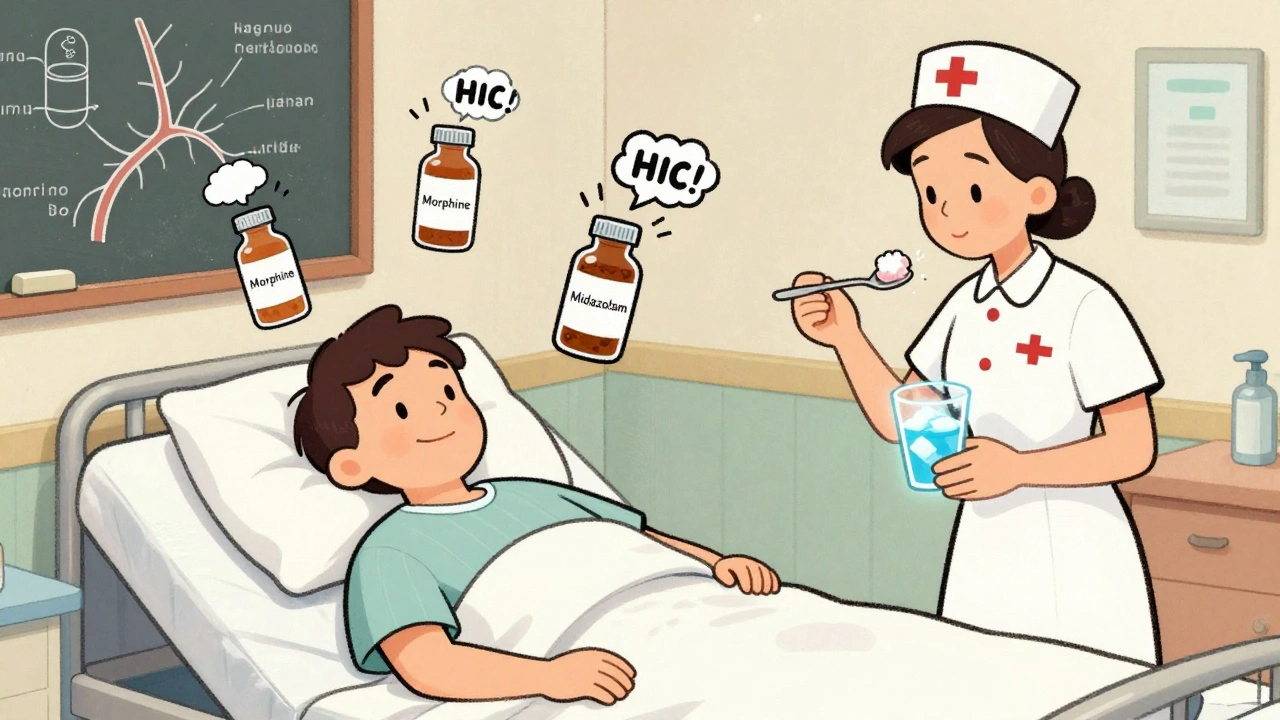 Hospital room with floating medicine bottles causing hiccup clouds, nurse offering sugar and ice water as remedies.