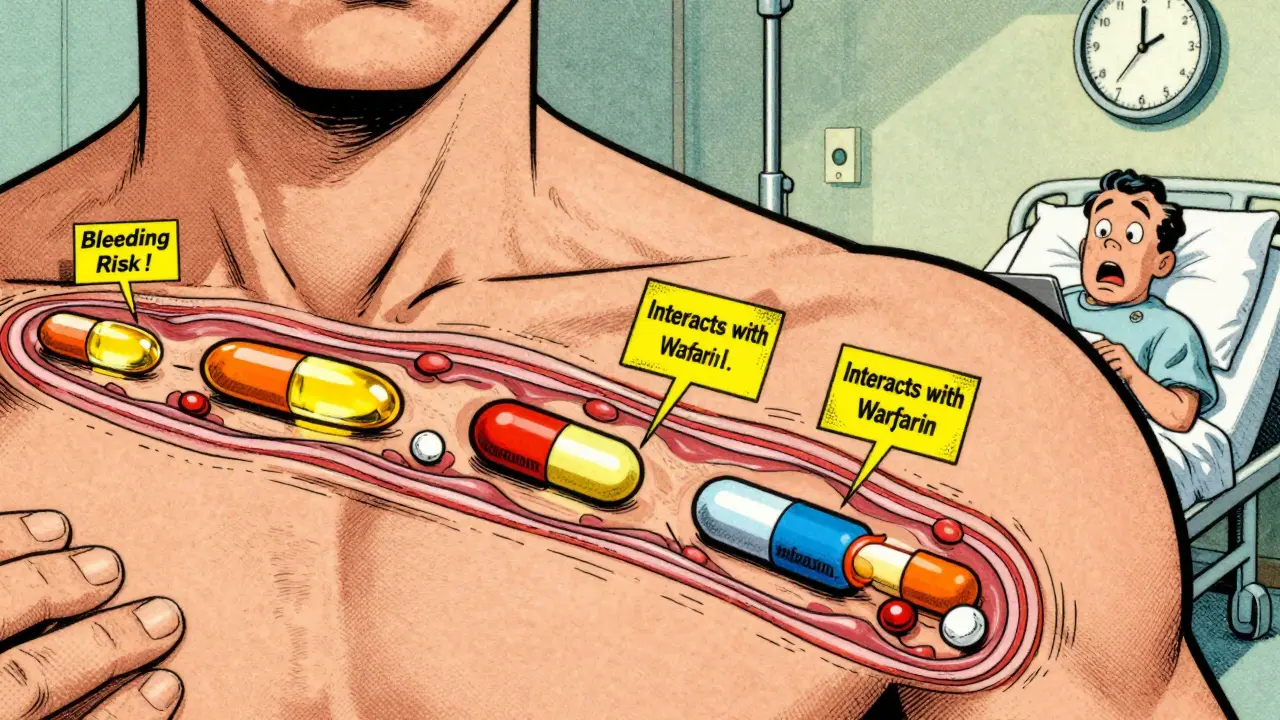 Human body cross-section with supplement capsules causing warning signs and interactions.