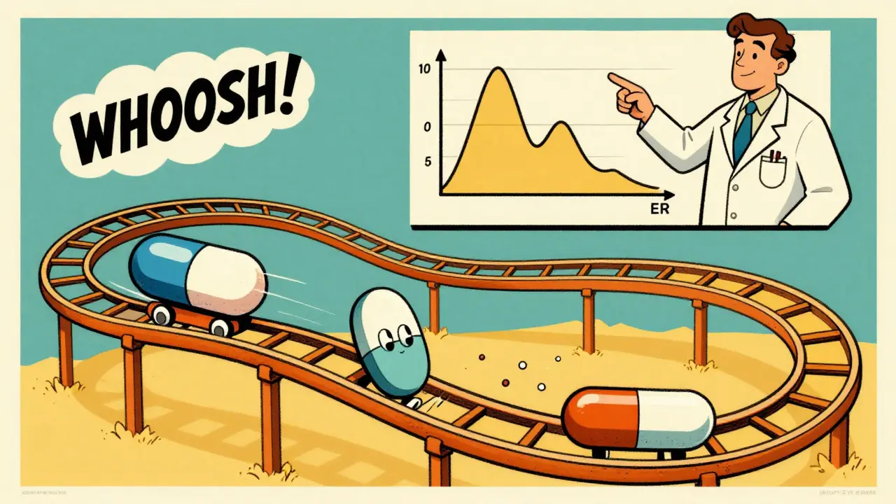 Human digestive tract as a rollercoaster with three pill riders: capsule speeding, tablet bumping, ER pill gliding with tiny dose drops trailing behind.