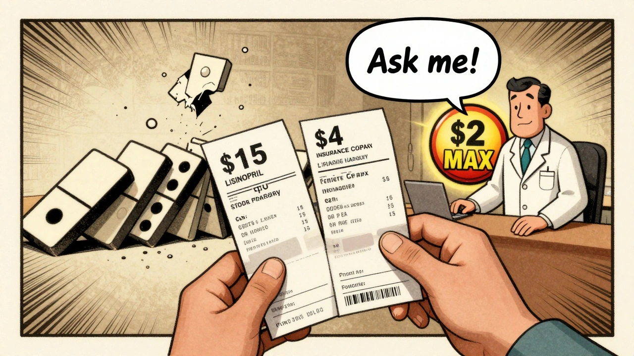 Patient compares insurance copay and cash price for generic medication, with Medicare&#039;s  label glowing nearby.