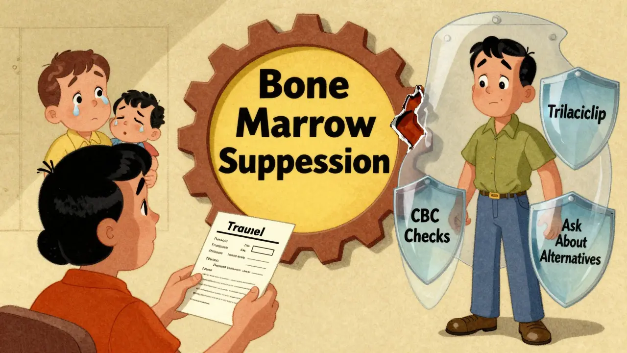 Patient facing bone marrow suppression warning sign, split between weakness and protection in vintage cartoon style.