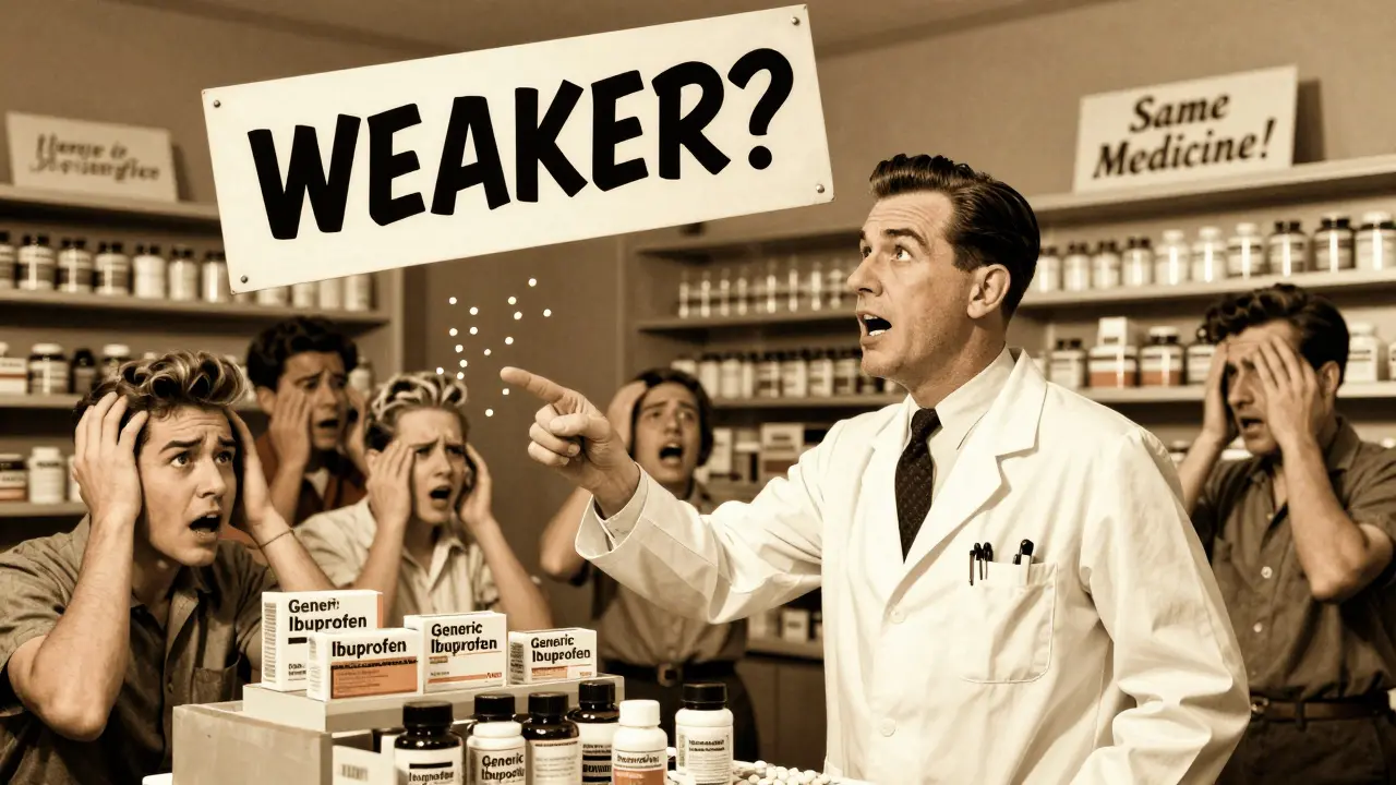 Patients reacting negatively to generic pills in a retro pharmacy, with a giant 'WEAKER?' label above.