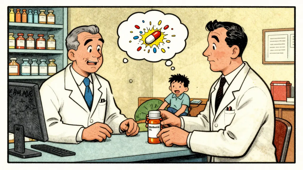 Pharmacist swapping medication as a child collapses at school, tablet particles exploding in the air.