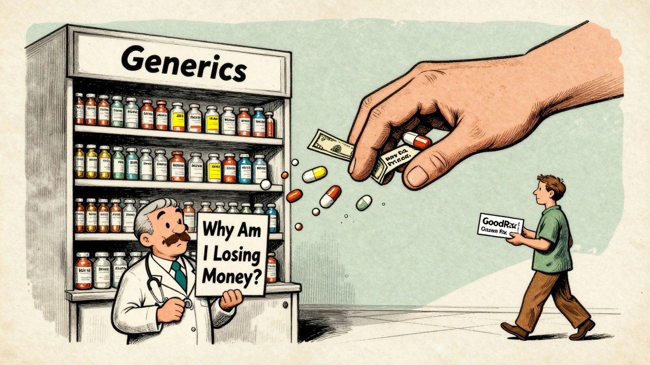 Pharmacy shelf collapsing under PBM profit extraction, pharmacist holding a sign about losses.