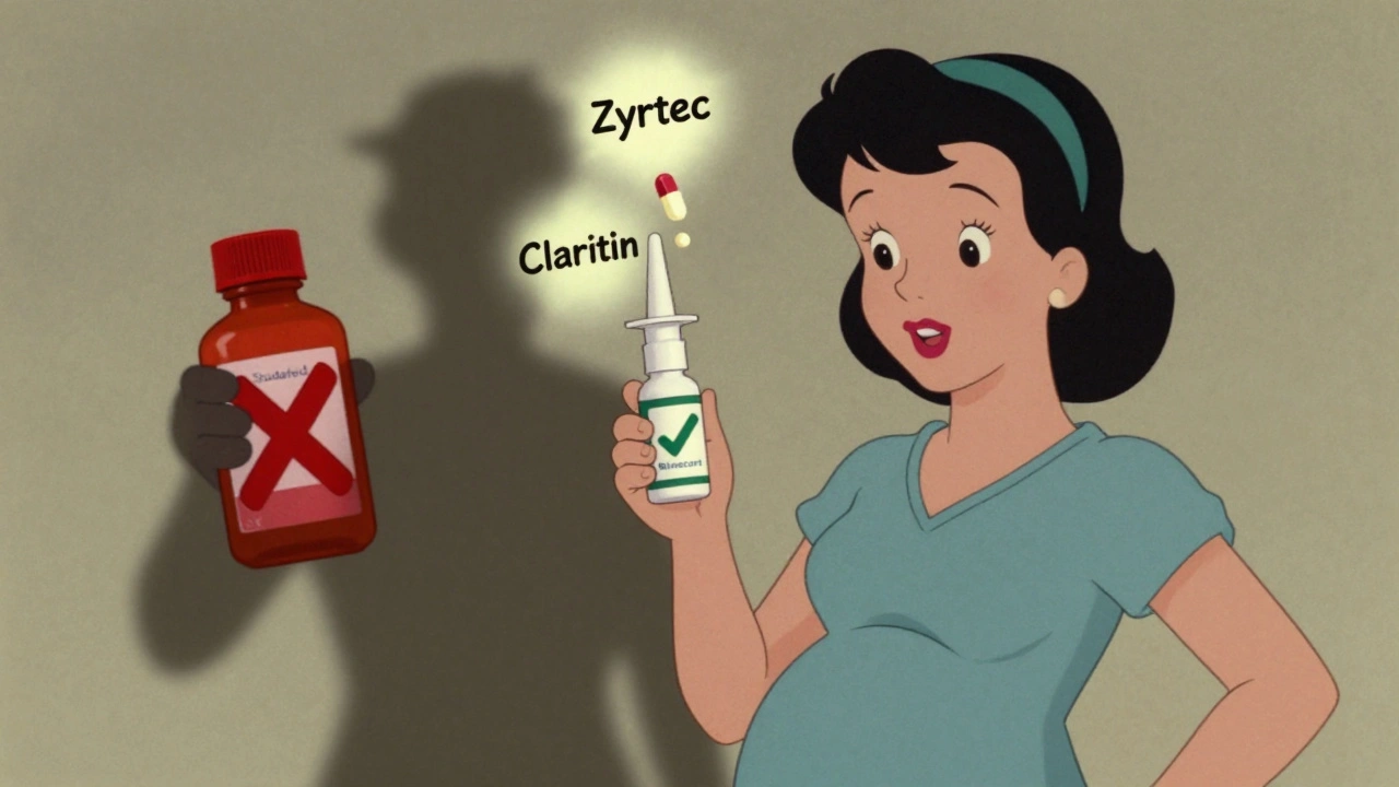 Pregnant woman holding a safe nasal spray while a banned decongestant bottle is crossed out.