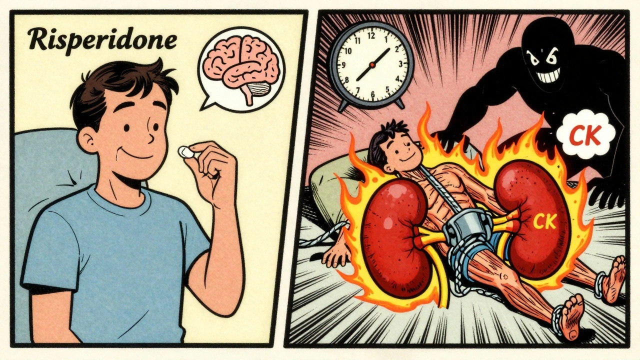 Split-panel cartoon showing a patient before and after developing Neuroleptic Malignant Syndrome with heat and toxin visuals.