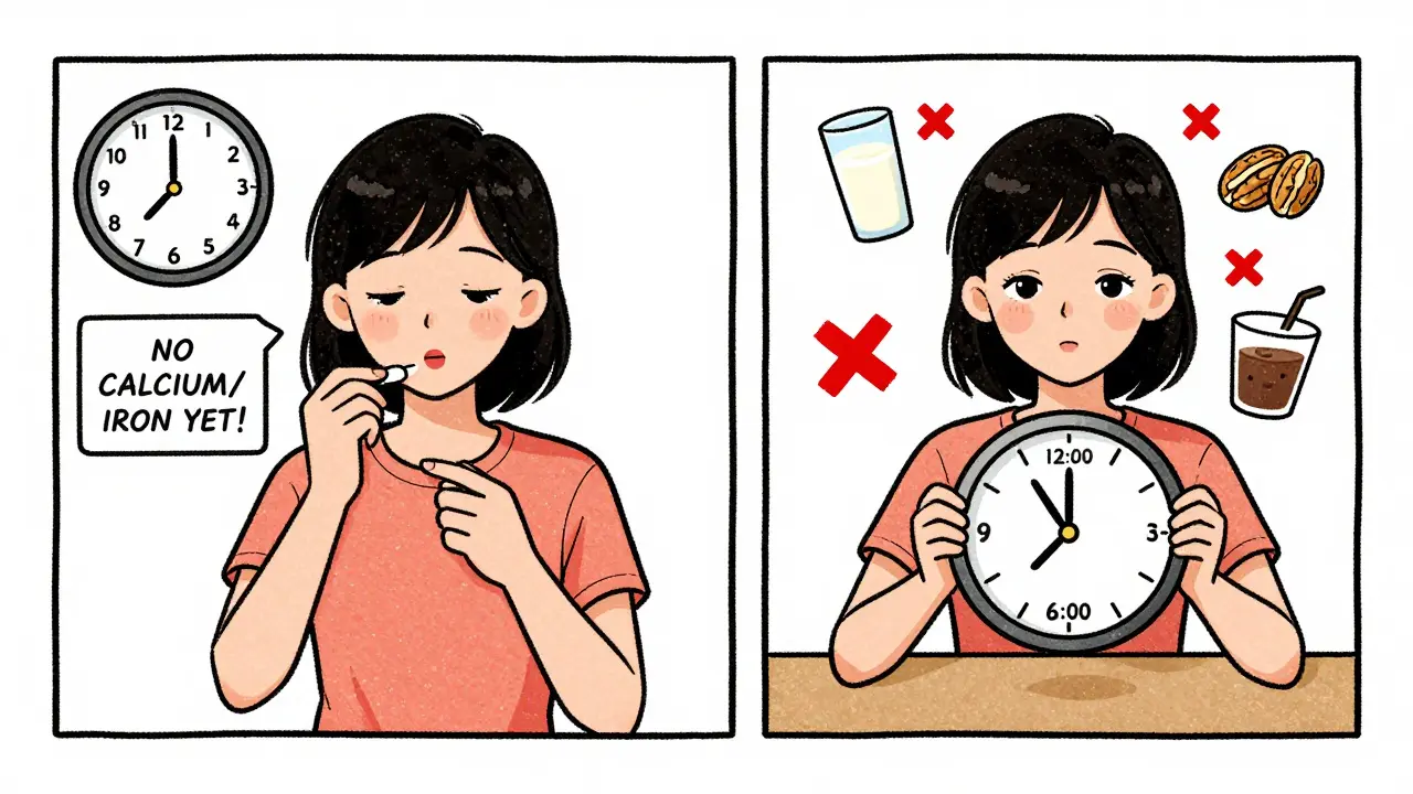 Split-panel daily routine showing thyroid medication timing with forbidden foods marked by X's.