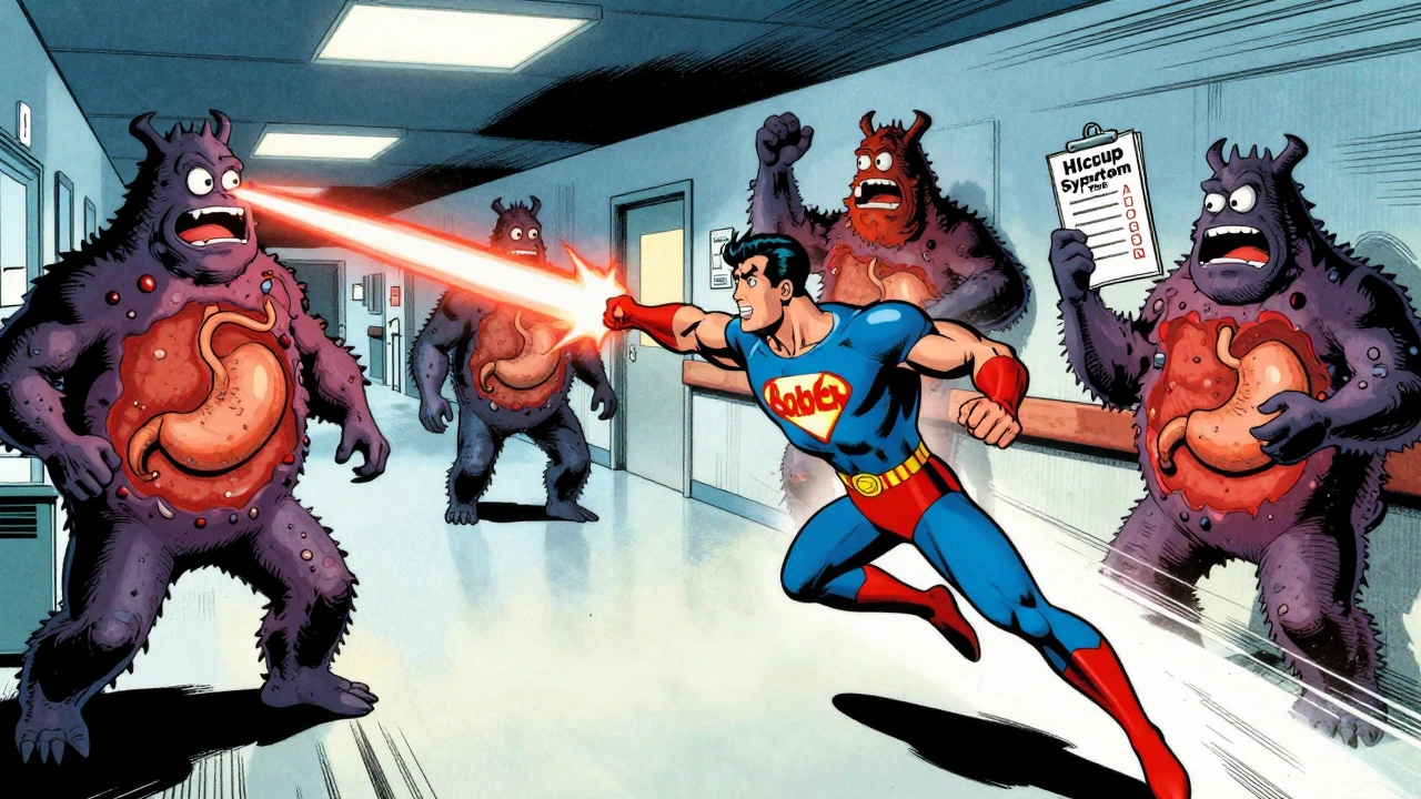 Superhero &#039;Baclofen Man&#039; firing a ray to defeat hiccup monsters in a hospital, patients with symptom scores in background.
