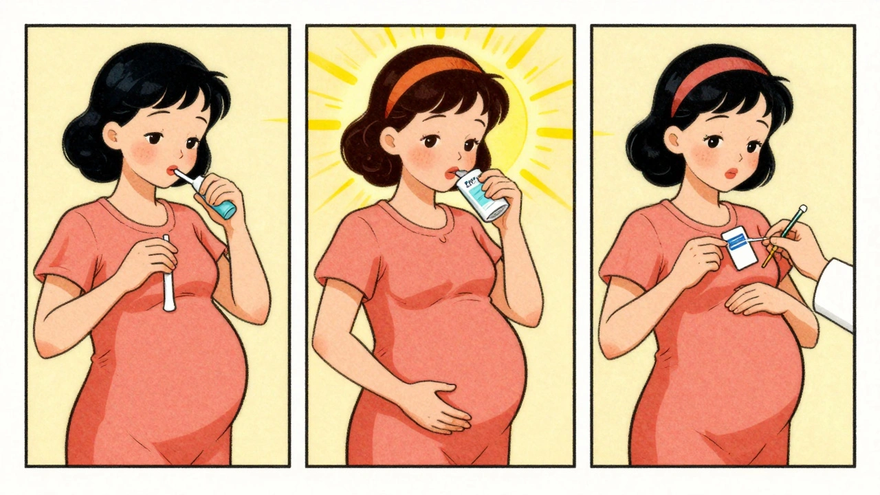 Three pregnant women in different trimesters using safe allergy treatments, illustrated in vintage cartoon style.