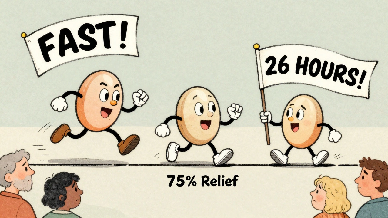 Three triptan pills as cartoon racers on a timeline, each with different speed and duration labels, watched by patients.