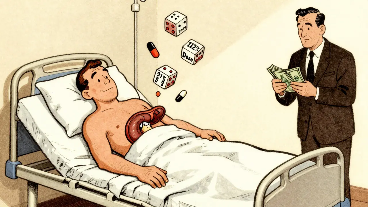 Transplant patient rejecting organ as uneven generic pills float above, with a cash-counting executive in background.