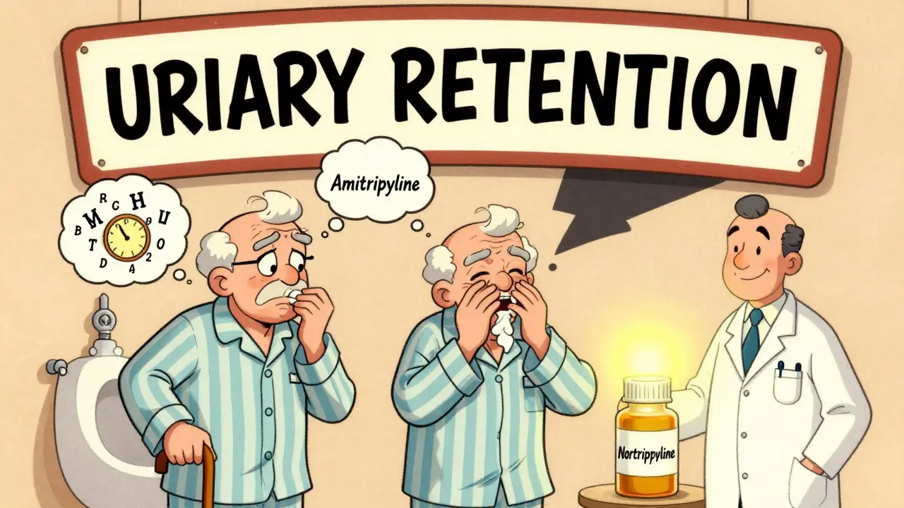 Two elderly people affected by TCA side effects: one confused, one with urinary trouble, contrasted with a safer alternative pill.