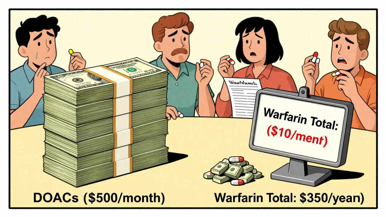 Vintage cartoon cost comparison between expensive DOACs and cheap warfarin with hidden monitoring fees.