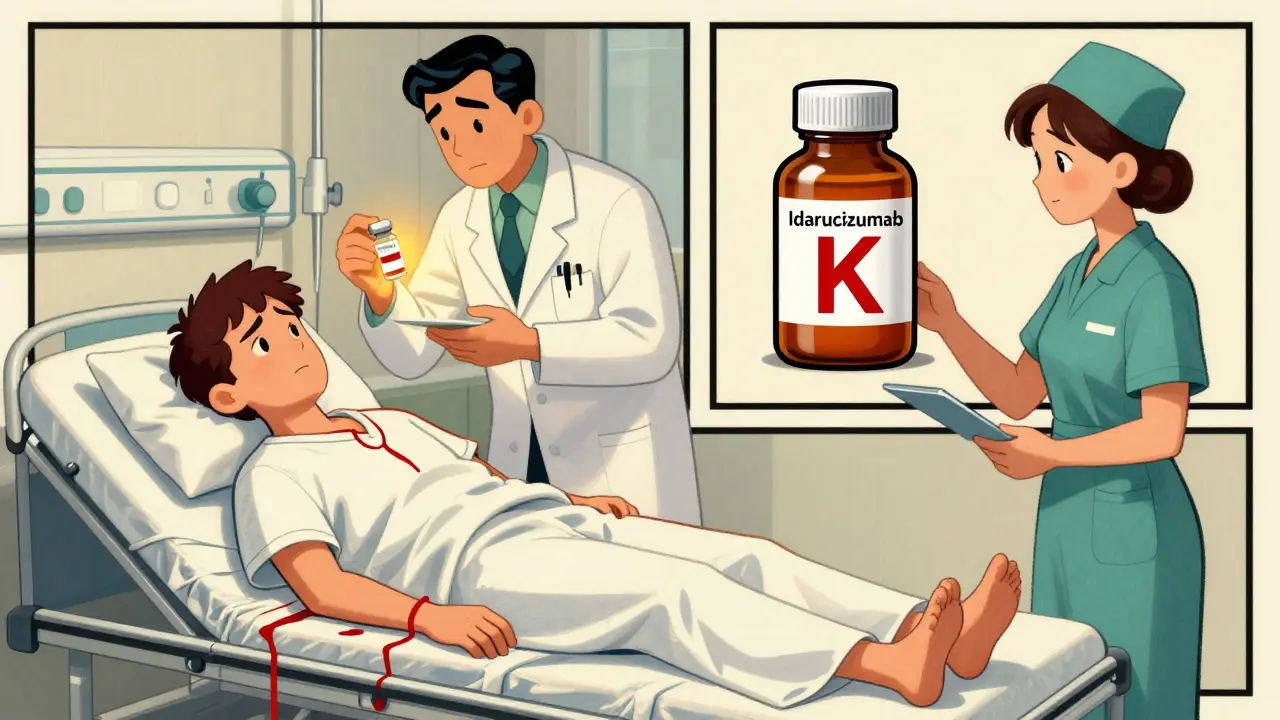 Vintage cartoon hospital scene comparing DOAC and warfarin reversal treatments.