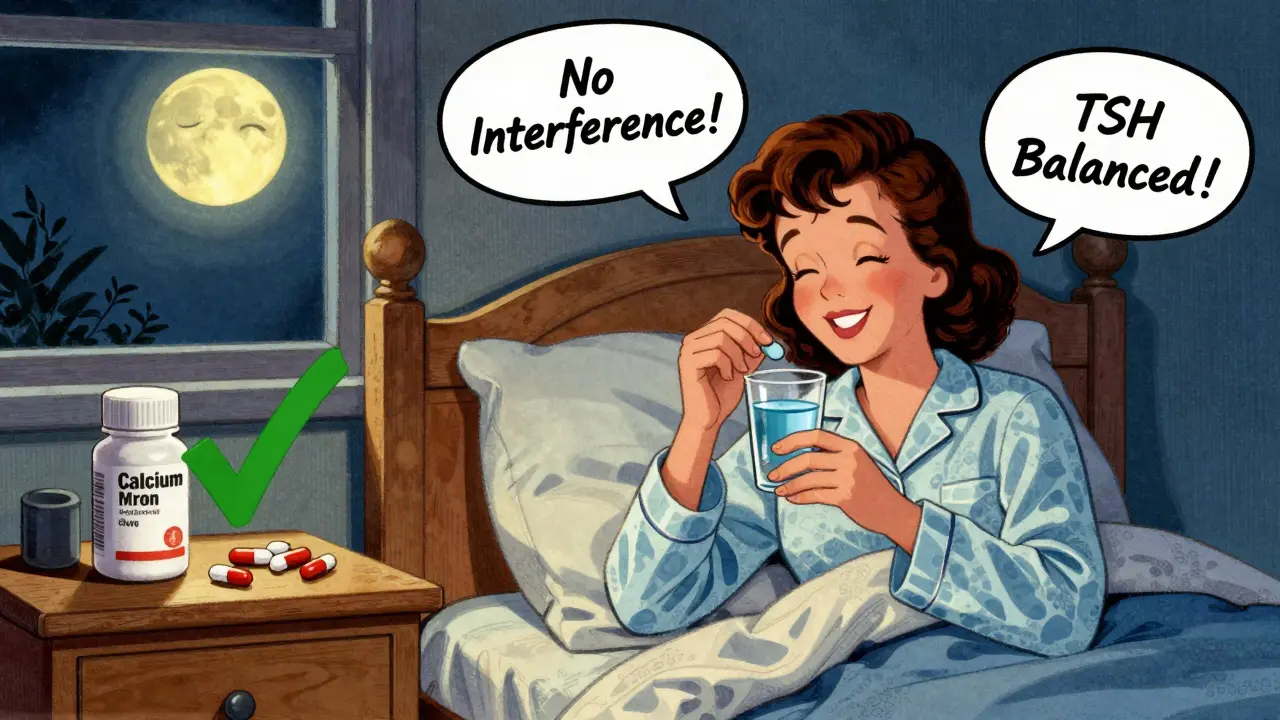 Woman taking thyroid pill at night with supplements safely away, moon smiling in background.