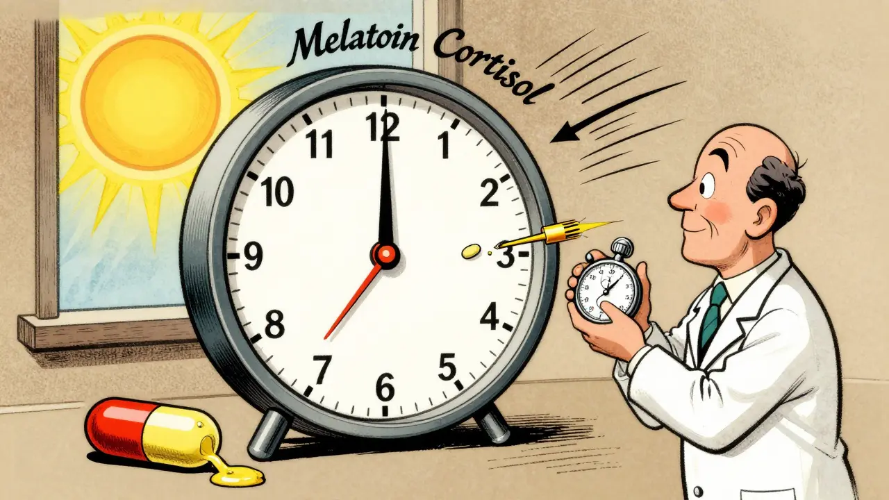 A circadian clock with mismatched arms, a fast-moving pill fixing it while a slow melatonin drip causes chaos.