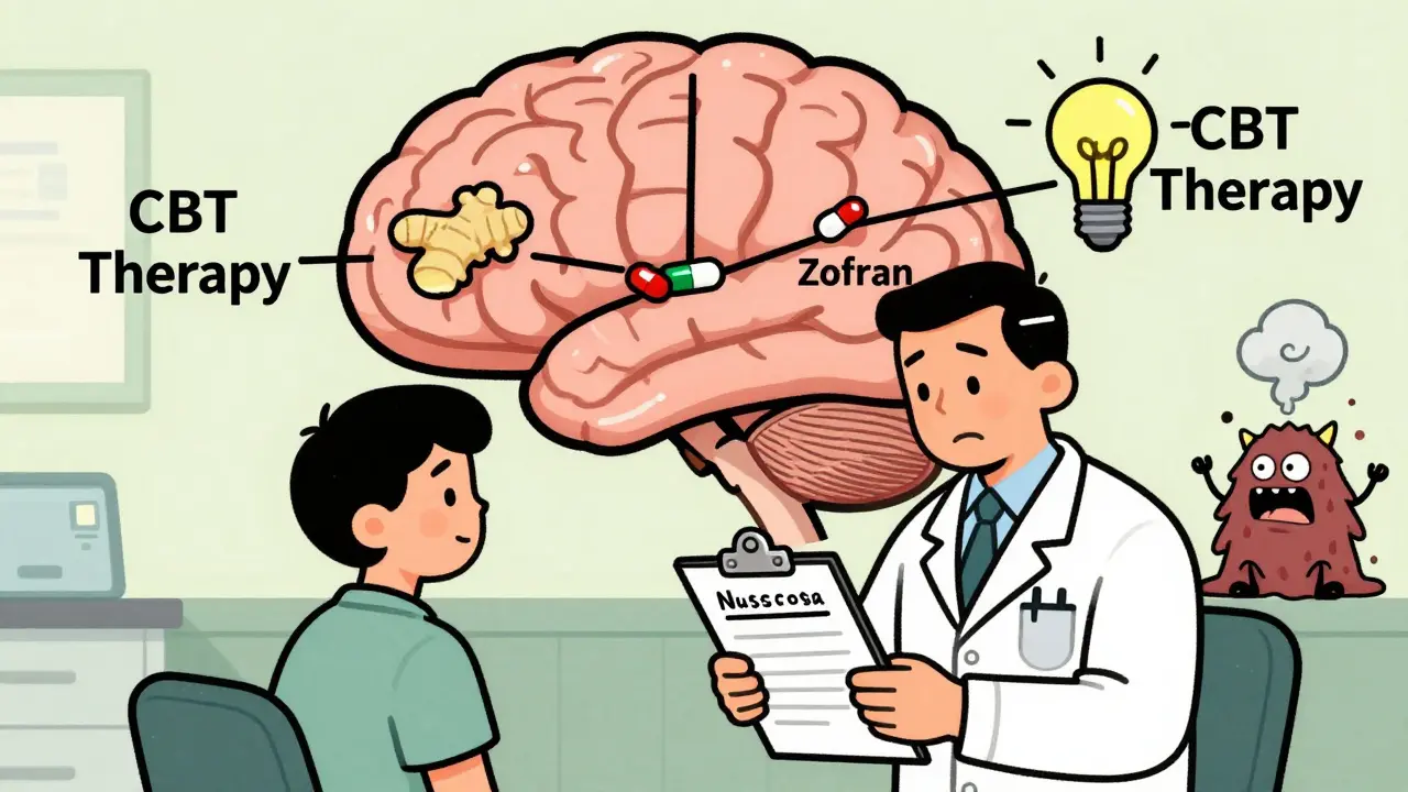 A doctor and patient review a nausea diary as a brain shows treatment pathways in vintage cartoon style.
