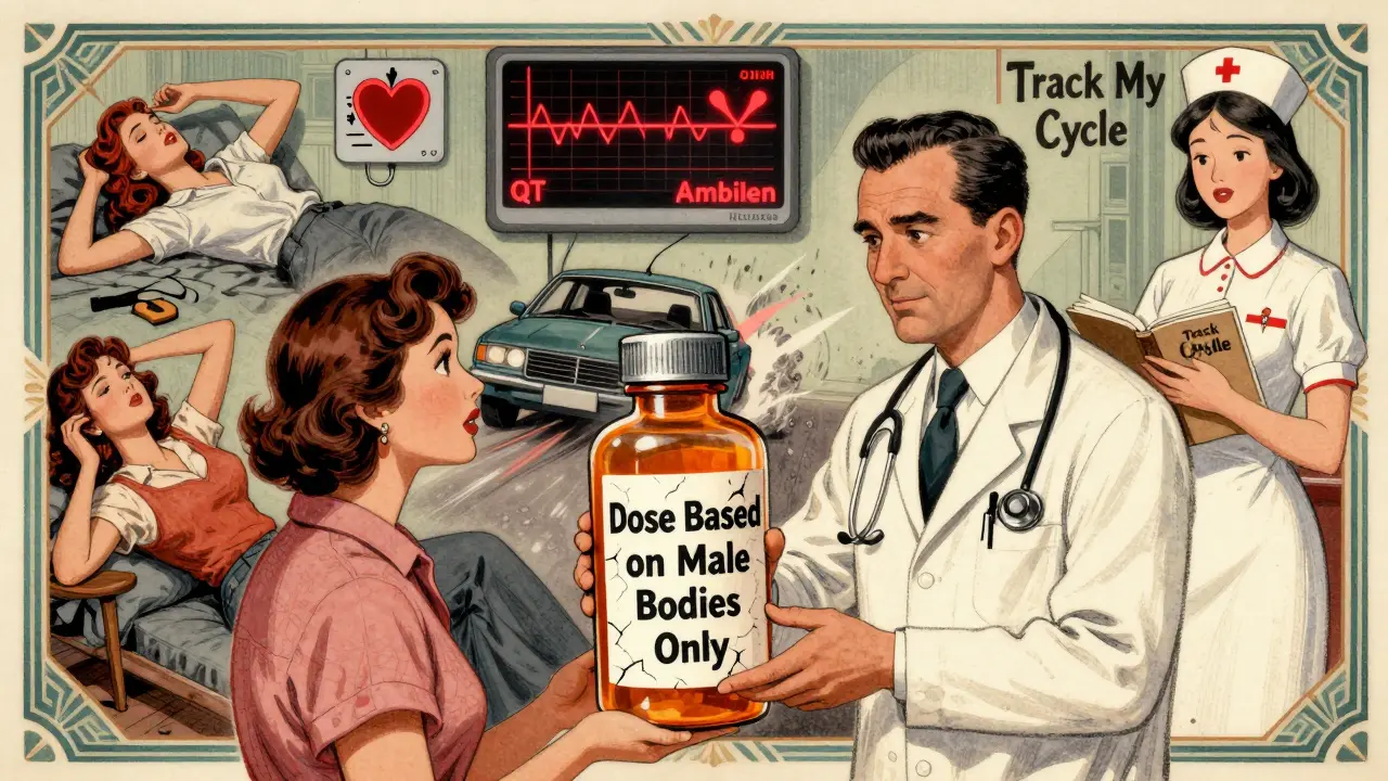 A doctor gives a prescription with a cracked label saying 'Dose Based on Male Bodies' as women suffer side effects in the background.