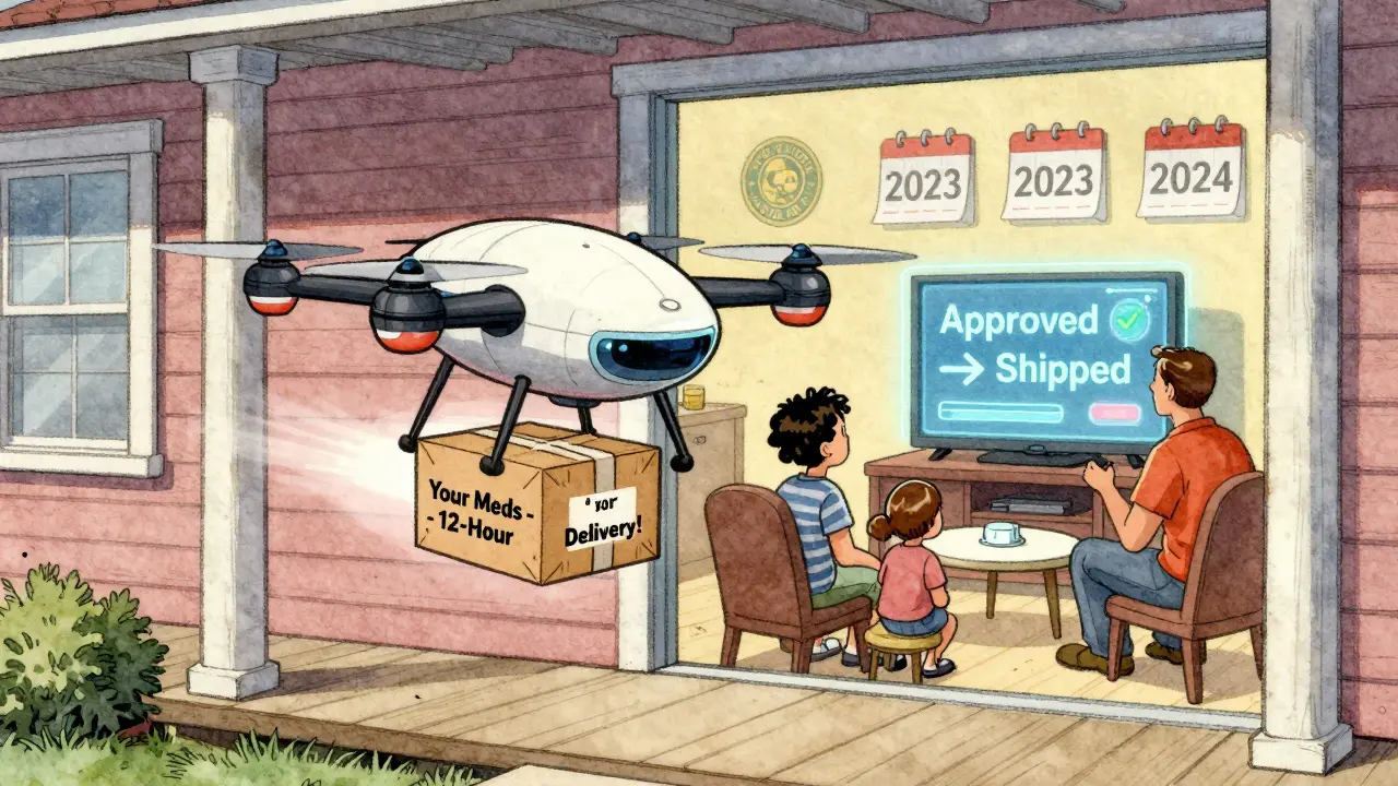 A drone delivers meds to a home while a hologram shows transfer status, with 2023 to 2024 calendar in background.