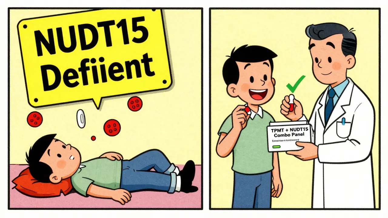 A patient splits into two versions: one collapsing from gene deficiency, the other safe after genetic testing.