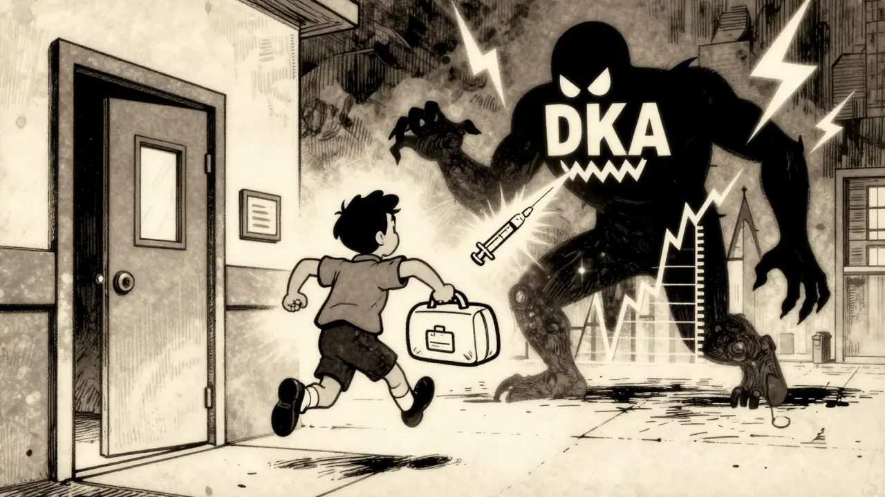 A person running to the hospital as a menacing DKA shadow chases them, with insulin as their only defense.
