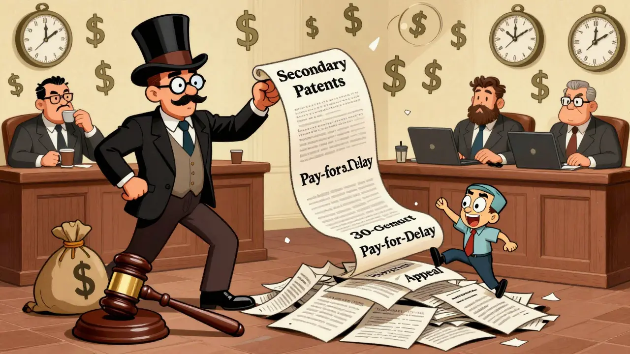 A pharmaceutical CEO pulls endless patents from a hat while a generic maker struggles in a courtroom.