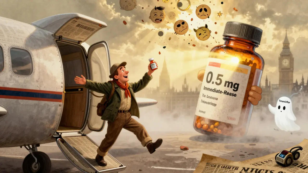A traveler in London receives morning sunlight, holding the right melatonin pill as a failed time-released bottle explodes behind them.