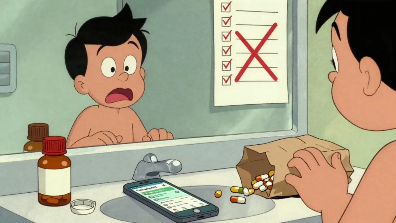 Bathroom counter with medicine bottles, a phone app, and a brown bag of pills, with someone crossing off medications.