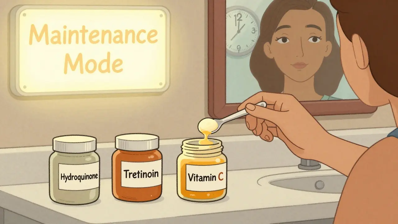 Bathroom counter with topical treatments and sunscreen being applied precisely, clock showing 12 weeks, in vintage cartoon illustration.