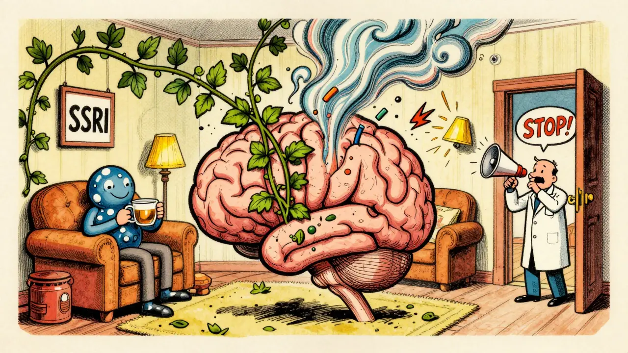 Brain living room flooded with serotonin storm from herbal vine, doctor yelling in doorway.