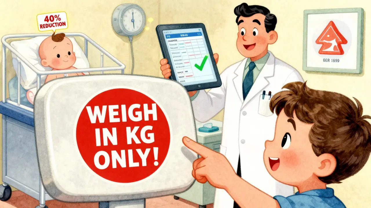 Bright red sticker on a scale saying 'WEIGH IN KG ONLY' with a doctor using an EHR system nearby.