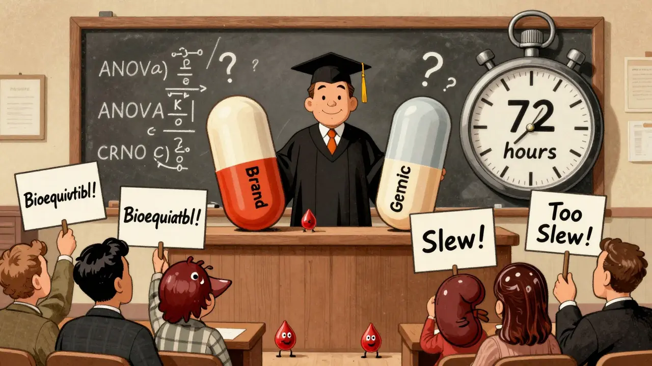 Cartoon courtroom where generic and brand pills are on trial with blood cells as jury and a 72-hour stopwatch.