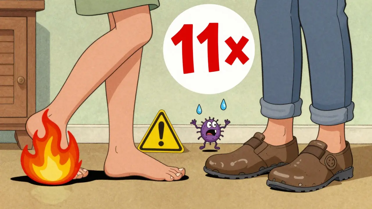 Contrasting barefoot danger versus safe footwear in a vintage comic style with risk symbols.