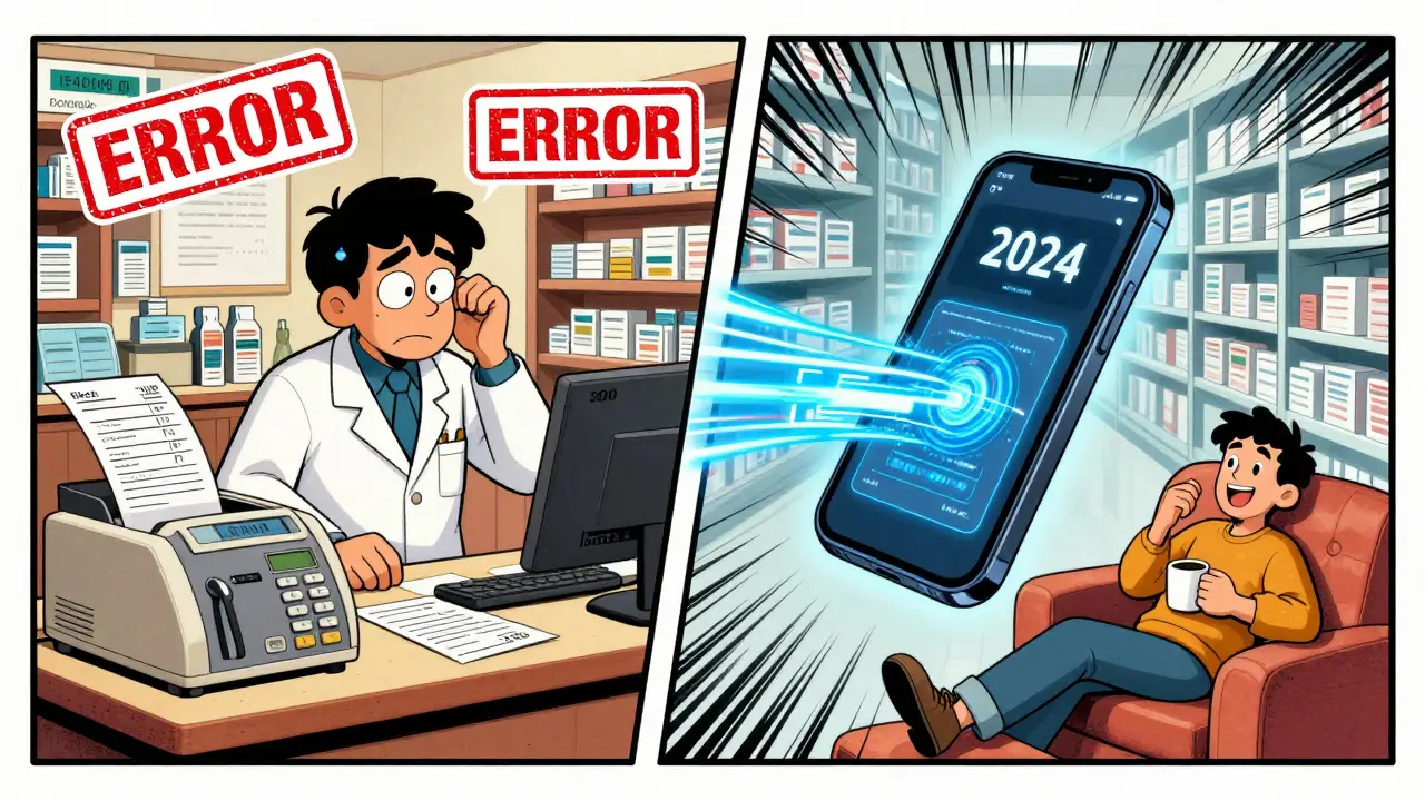 Contrasting chaotic fax-based pharmacy transfer with smooth digital transfer in vintage cartoon style.