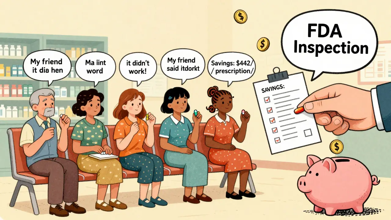 Diverse patients in a pharmacy with worries being addressed by FDA inspection in vintage cartoon style.