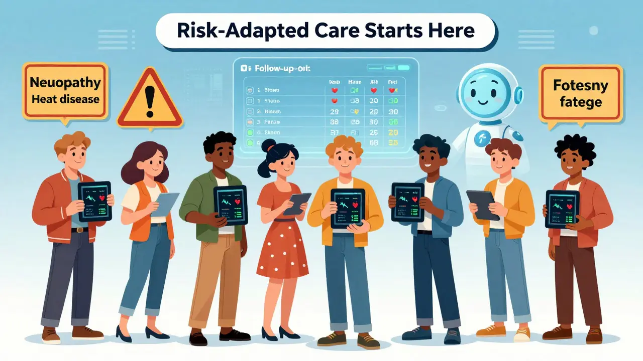 Diverse survivors with tablets showing health data, floating late effect warnings, and AI assistant