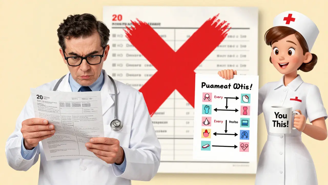 Doctor confused by messy paper plan while survivor shows clear illustrated schedule