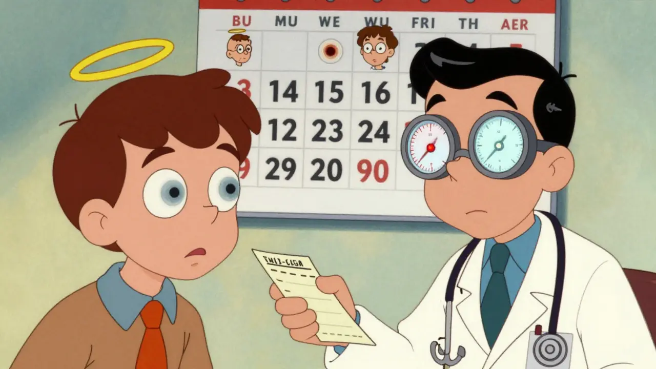 Doctor giving steroid prescription as patient’s eyes show warning signs of vision damage.