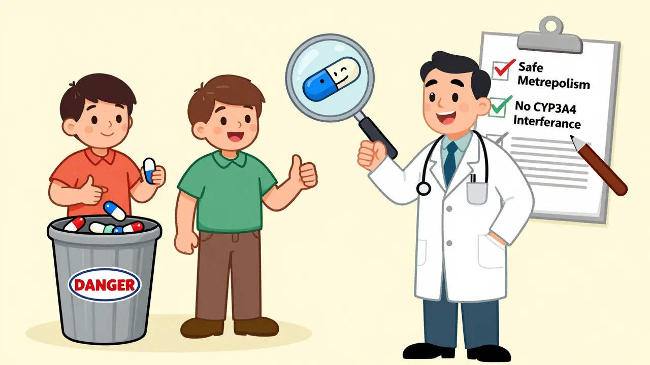 Doctor showing safe statins with integrase inhibitor, while dangerous statins are thrown away.