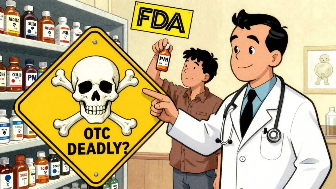 Doctor warns patient about hidden sedatives in OTC meds with skull-shaped warning signs.