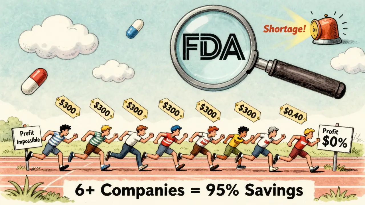 Generic drug manufacturers racing on a track, price tags falling from 0 to <h2>Where the System Breaks Down</h2>.40.