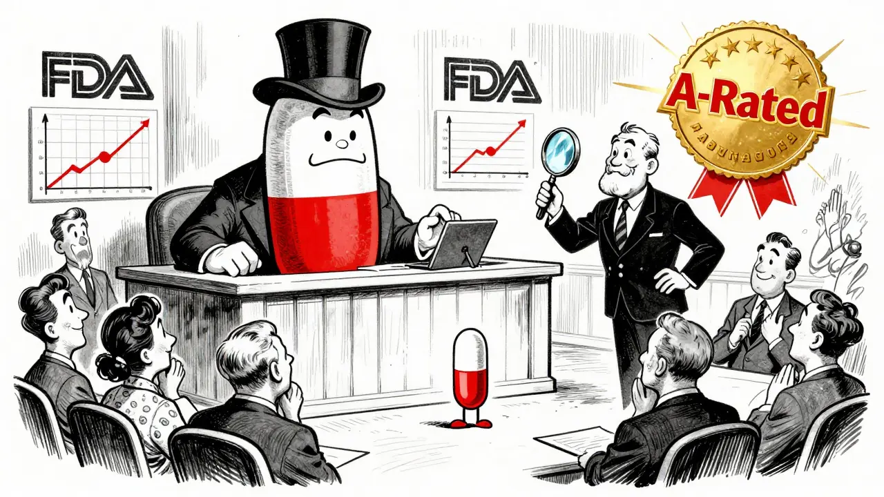 Generic pill on trial against giant brand-name pill in courtroom with FDA evidence.