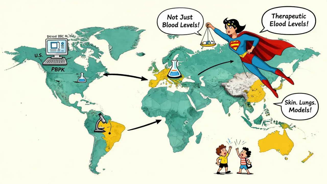 Global map with different drug testing methods shown, superheroine balancing brand and generic drugs above.