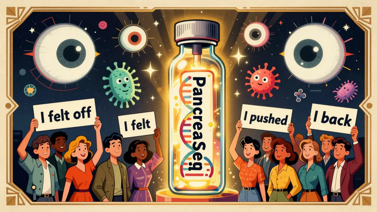 Glowing blood test with DNA and AI eyes, surrounded by people advocating for early detection.